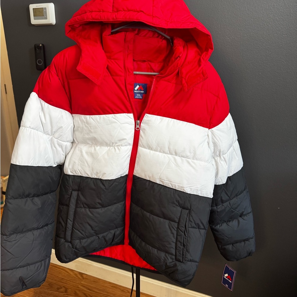 Kids Tri-Color Puffer Jacket - Red, White, and Black
